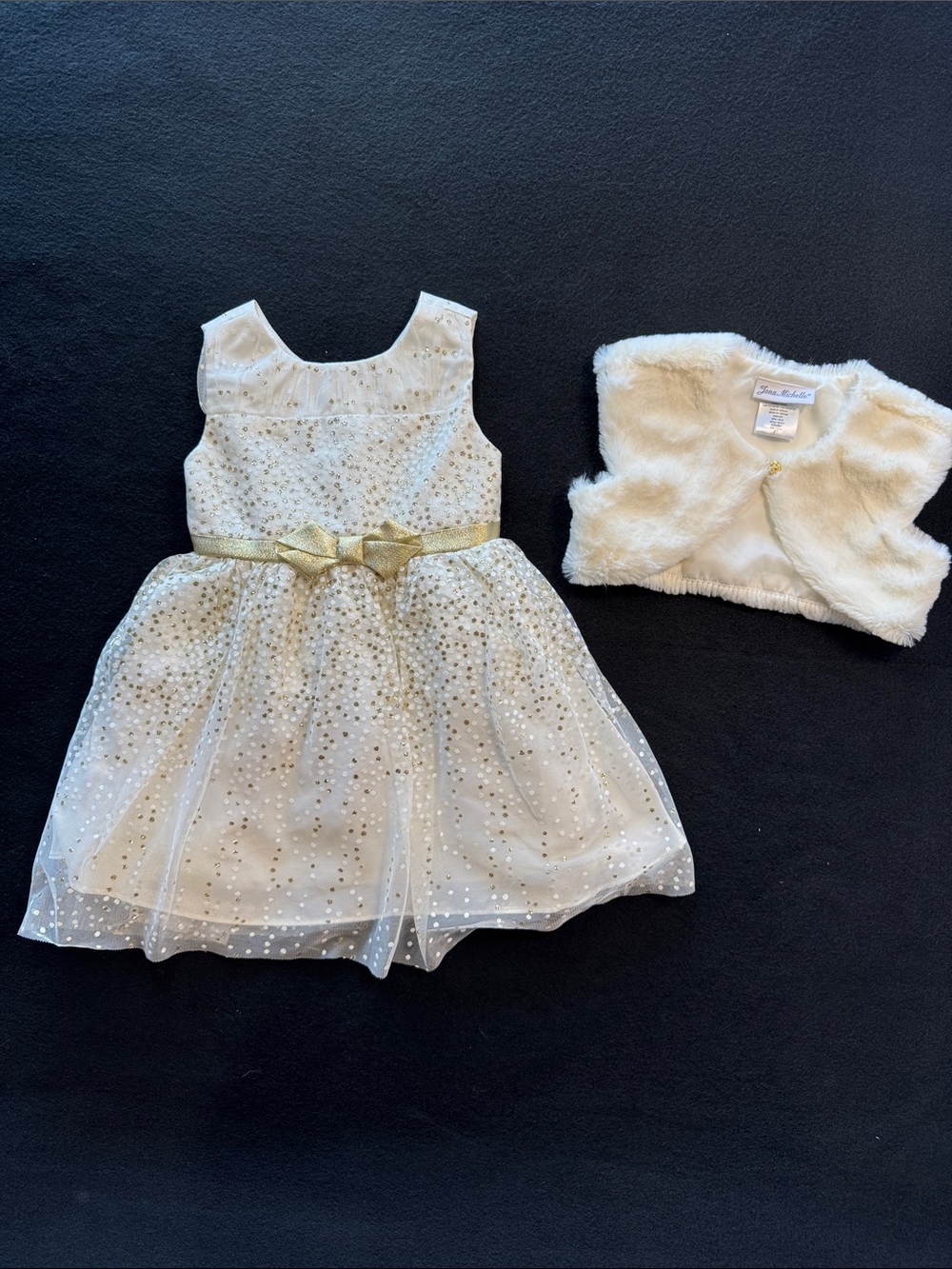 Jona Michelle White and Gold Sparkle Tulle Dress with Faux Fur Bolero